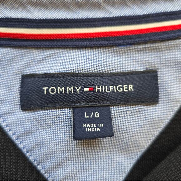 A Tommy Hilfiger Black Polo Shirt for Men Size L Short Sleeve Striped Sleeves - Picture 8 of 9
